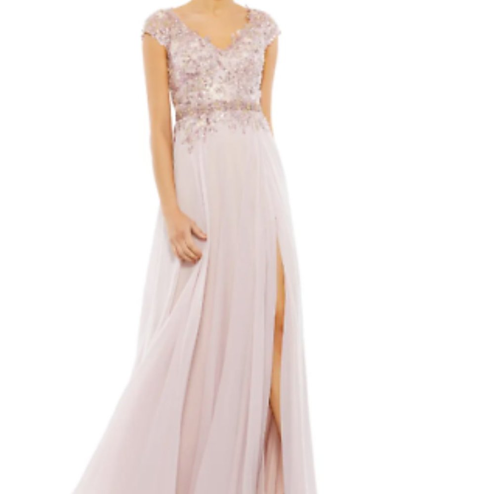 MAC DUGGAL BEADED SEQUIN CAP SLEEVE MESH & CHIFFON A-LINE ROSE sz 10